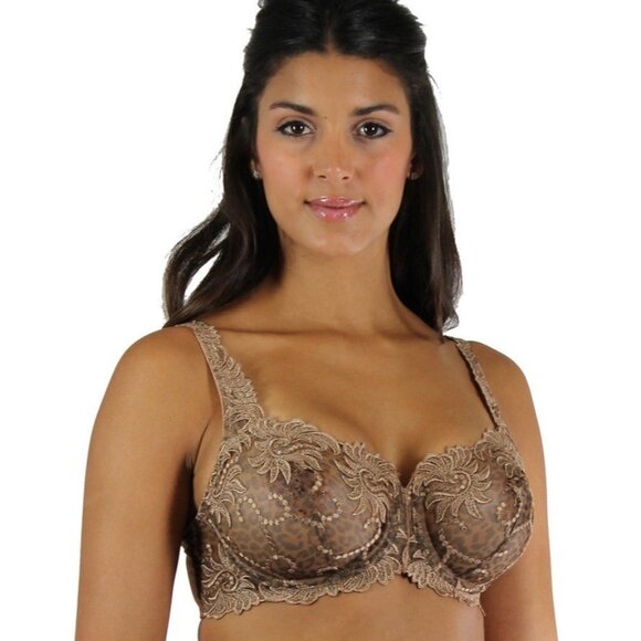 Lunaire 36D Bra Sevilla Tan Lace Animal Print Semi Demi Underwire Sheer 14013 - Picture 1 of 9